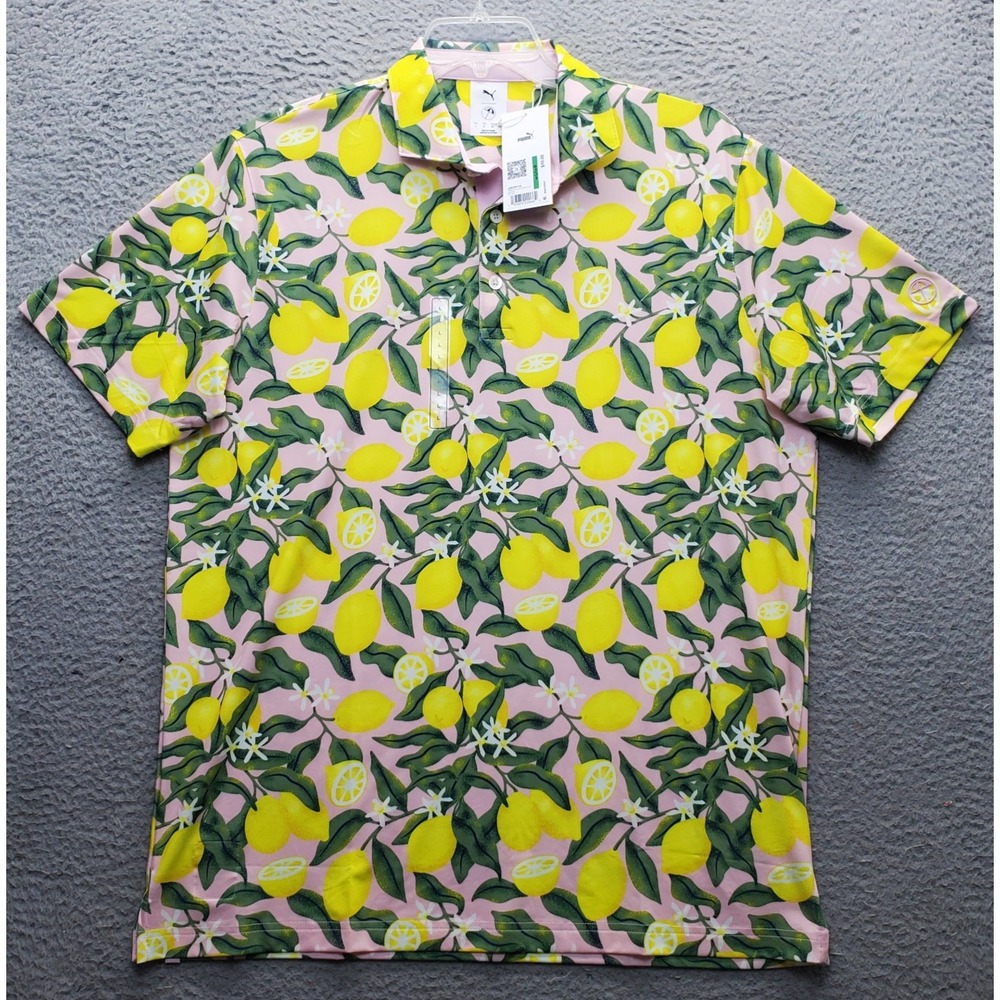 PUMA Golf Polo Shirt Mens L Multi Lemon Branch Print Breathable‎ Comfort Stretch